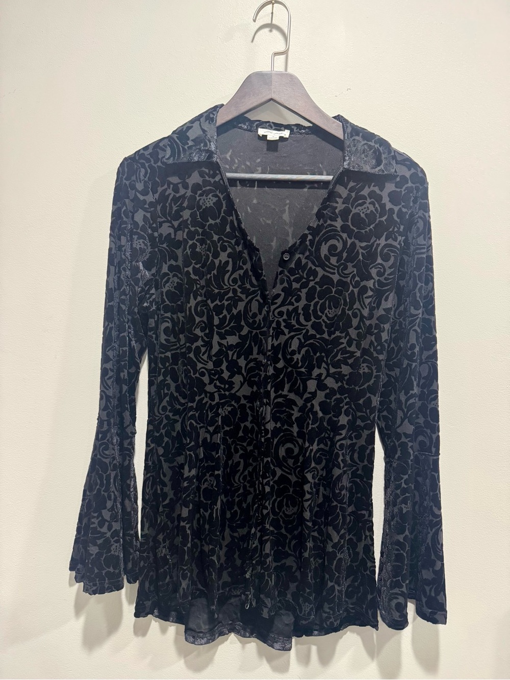 Ultra Pink Black Burnout Velvet Bell Sleeve Whimsigoth Goth Tunic Shirt M